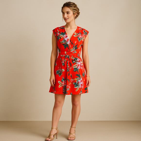 YUMI KIM Silk Soho Mixer Wrap Dress Red-Orange Size Small Tropical Floral - Picture 1 of 6